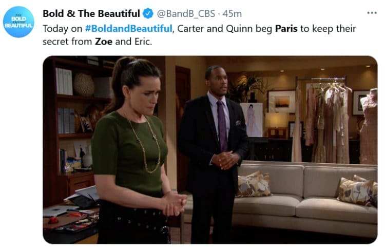 Bold and the Beautiful Spoilers: Carter Walton (Lawrence Saint-Victor) - Quinn Fuller (Rena Sofer)